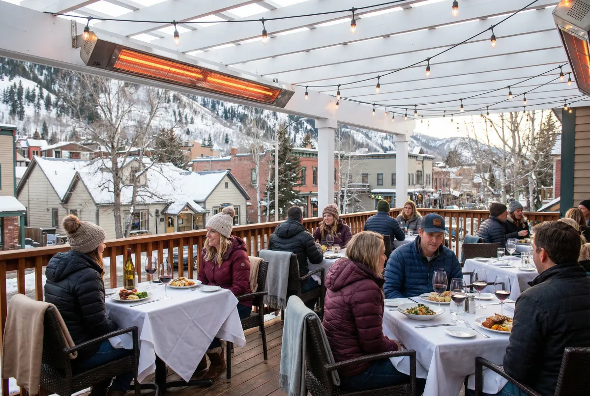 Diners enjoying a restaurant patio with overhead heaters in a snowy mountain town