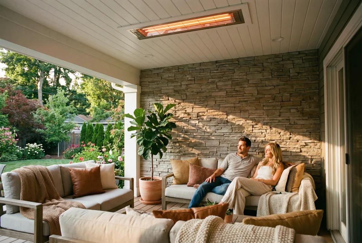 Couple relaxing on a covered deck with infrared heaters glowing overhead at dusk