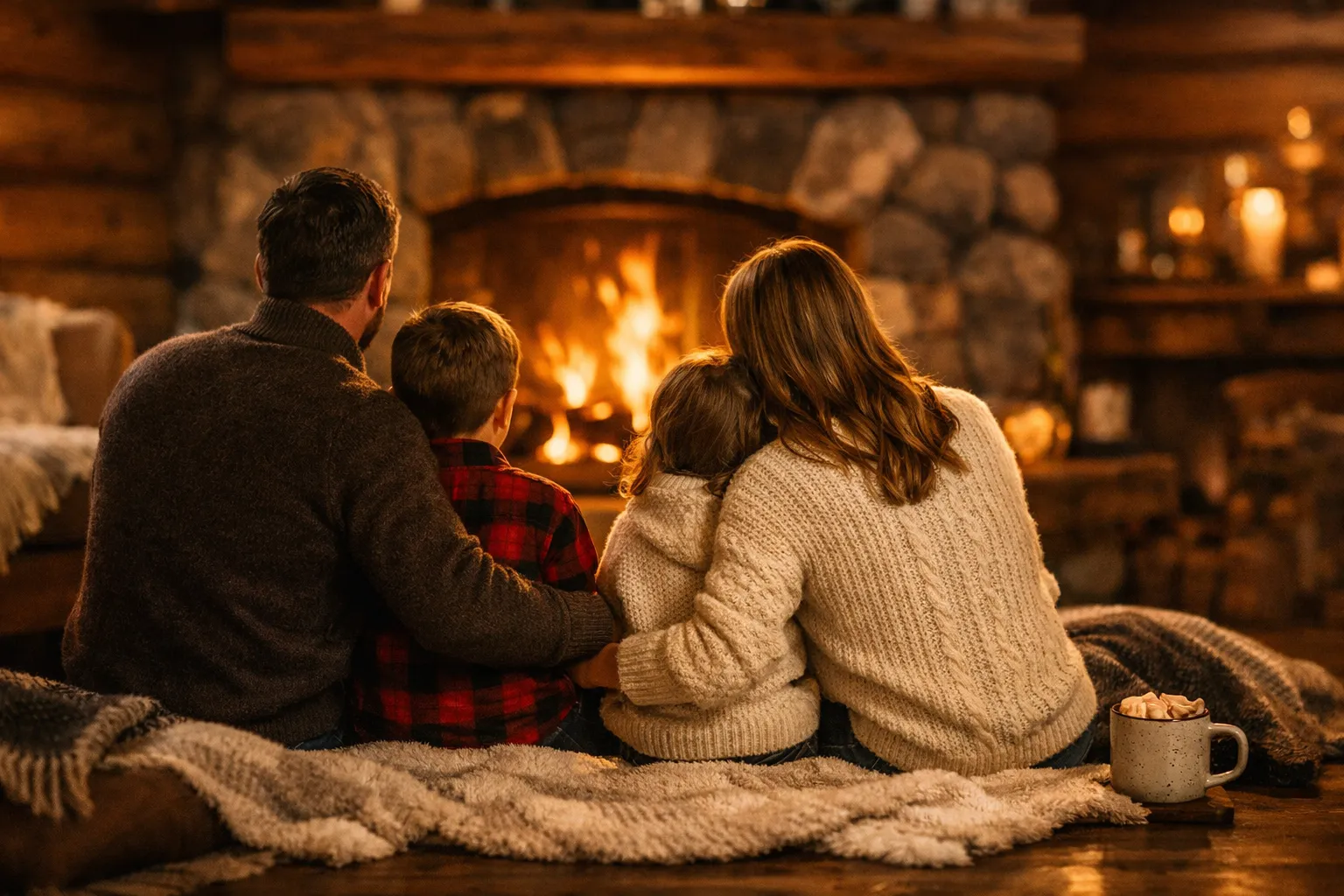 Family snuggled by a cozy stone fireplace