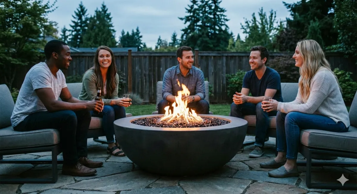 Contemporary fire bowl with flickering flames on a patio