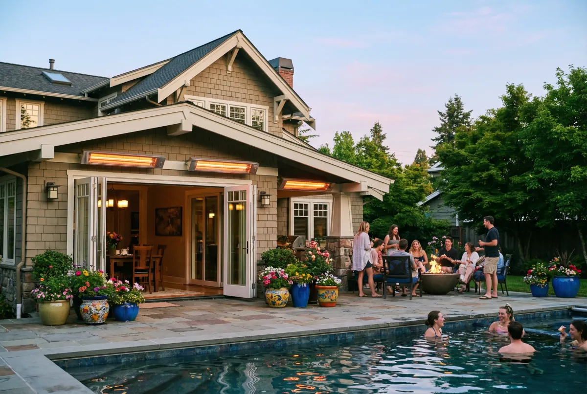 Friends gathered on an open-air patio with wall-mounted heaters glowing at twilight