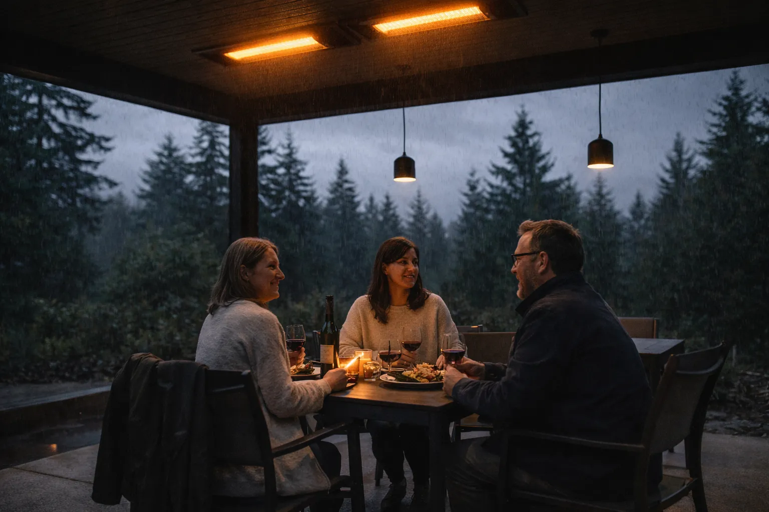 Covered patio with infrared heaters on a rainy evening