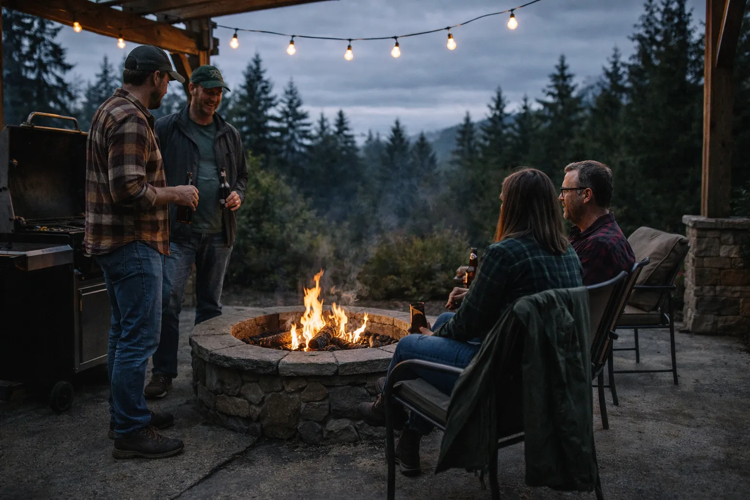 Friends gathered around a fire pit on a Pacific Northwest patio at dusk